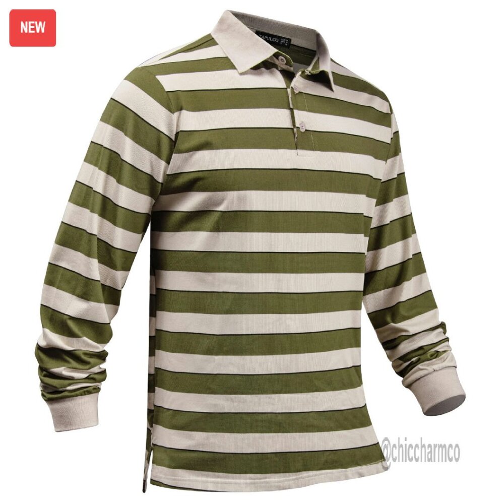 Men's Classic Fit Striped Polo Shirt, Long Sleeve, Cotton Blend, Casual Wear